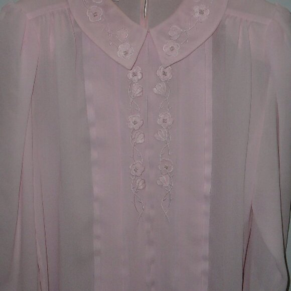 LaBlouse Pleated Long Sleeve Sheer Pink Floral Design Mini White Beads-Size 12 - Picture 3 of 6